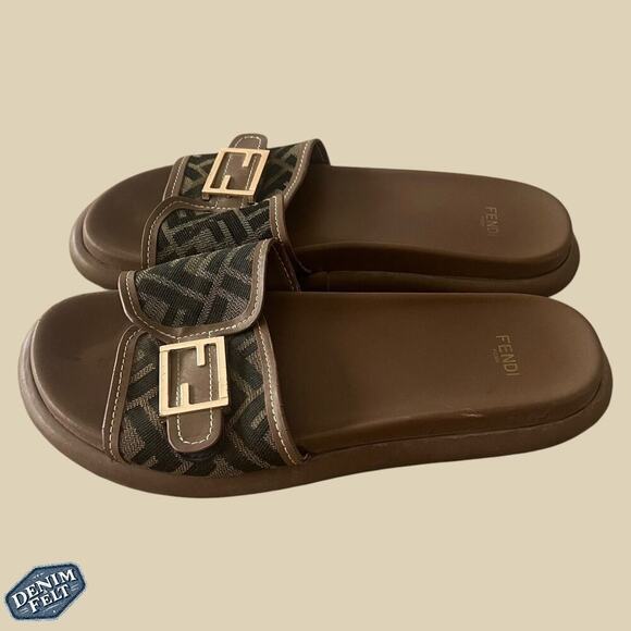 Fendi Brown Wide-Band Leather Zucca FF Logo Monogram Flat Slides | Size: 8 - Picture 10 of 16